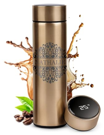 Maverton Mug de voyage avec gravure pour femme, Bouteille isotherme 450ml | Pour elle, Thermos personnalisé avec Affichage de la température LED, pour anniversaire, Noël, Cadeau Noel, Prenom