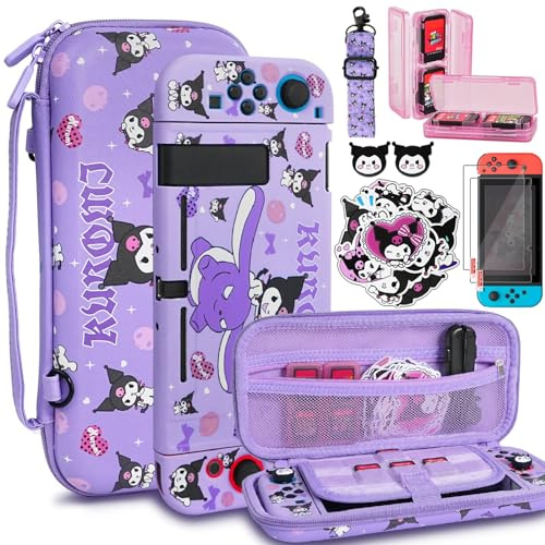 TIKOdirect Carrying Case for Switch, Cute Portable Bag Accessories with Soft Protective Case, Screen Protectors and Thumb Grip caps, Game Card Case 7in1, Purple