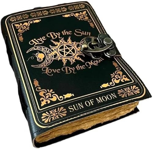 Sun & Moon Vintage Leder-Tagebuch Grimoire Mondphasen Zauberbuch der Schatten Tagebuch für 200 Seiten antikes handgefertigtes Büttenrand Vintage-Papier, Leder-Skizzenbuch, Zeichen-Tagebuch,