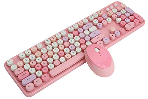 Lyrlody Wireless Desktop Keyboard and Mouse Set, 104 Key, Retro Typewriter Style, Mechanical Feel, USB Connection, Pink Theme