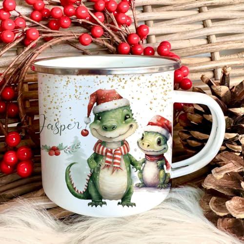Kinder Emaille Tasse Weihnachten für Mädchen, Jungen, Teenager mit Namen Tiermotiv Weihnachtstasse I Personalisierte Geschenkidee Nikolaus Weihnachtsgeschenk Mitbringsel (Motiv Dino)