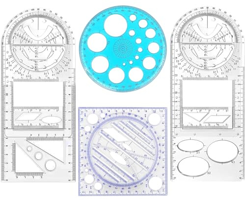 VBXPOU Geometrie Set 4 Stück Winkelmesser Schule Multifunktionales Geometrisches Lineal Mathematik Kreisschablone Technisches Zeichnen für Studenten Bürobedarf Zubehör