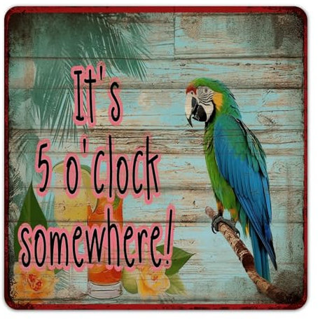 It's Five O'clock Somewhere Decorative Metal Signs Farmhouse Fence Signs Beer Bar Club Glass Parrot Man Cave Decor Metal Plaque for Gate Indoor Yard 12x12 Inch