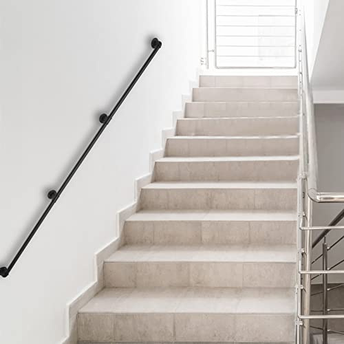 Handrail Staircase 3.66m/12ft Black Handrail Stair Rail Grab Bar Handle Balustrade Staircase Banister Wall Mounted Balustrade Non-Slip Grab Bar Stairs Wrought Iron Banister Rail Kit for Indoor/Outdoor