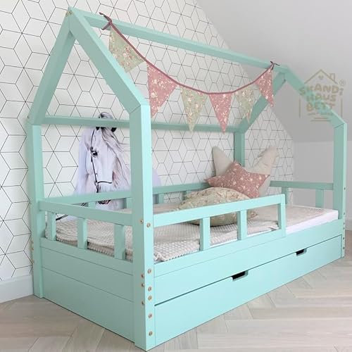Hausbett 160x200 Minze - Bell - Kinderbett mit Bettkasten - Kinderbett Haus - Rausfallschutz Bett Holz für Kinderzimmer - Kinderbett Mädchen und Jungen