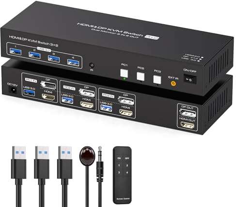 TJCXELE HDMI+Displayport Switch KVM 3 PC 2 Monitor 4K60Hz KVM Switch Per che Condividono e 4 Dispositivi USB Supporto Modalità Estesa/Copia con 3 Cavi USB 3.0 e Telecomando