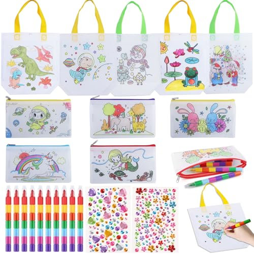 22 Stück Taschen zum Bemalen für Kinder, Stoffbeutel zum Bemalen Kindergeburtstag mit Reißverschluss, mit 10 Farben Stifts & 2 Diamantaufkleber, Perfect für Partys, Schule & Reise, Geschenkidee