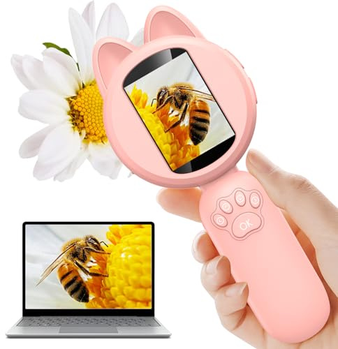 Kids Handheld Microscope - Kids Magnifying Glass with 2 HD LCD Screen & 8 LED Lights,Portable Science Explorer Toys, STEM Gift for Boys Girls Ages 3-12 (Pink)