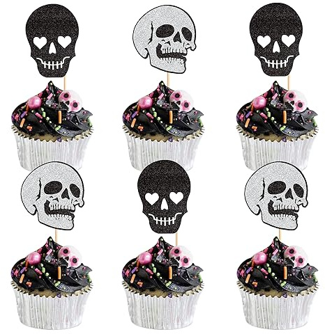 24Stk Glitter Schwarz Silber Schädel Cupcake Topper Halloween Kuchen Topper | Glitter Schwarz Silber Schädel Kuchen Topper Halloween Tortenaufsatz Halloween Gotische Geburtstag Hochzeit Party Dekoration