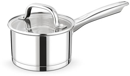 Homikit Casserole à manche 14cm, Petit pot à lait en acier inoxydable avec couvercle en verre, fond à 3 couches pour tous types de feux, 0,95l Casserole à induction, Lavable au lave-vaisselle