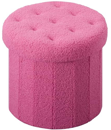VewePata Runder Ottoman mit Stauraum, Ottoman mit Teddy-Samt-Fußpolster und Stauraum, Fußstütze für Wohnzimmer, Schlafzimmer oder Wohnheim (Pink, 35 x 35 x 33CM)