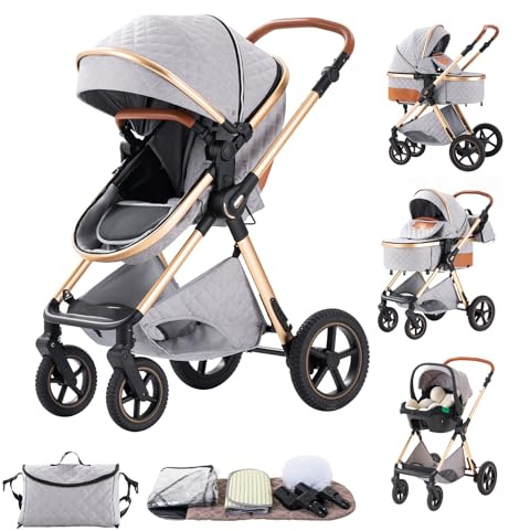 BEBBY Kinderwagen, Standard-Kinderwagen, Kinderwagen 3 in 1,Kinderwagen mit Faltbarem Tragbarem für Neugeborene aus Aluminium mit Beinabdeckung und Netz-H2-GREY