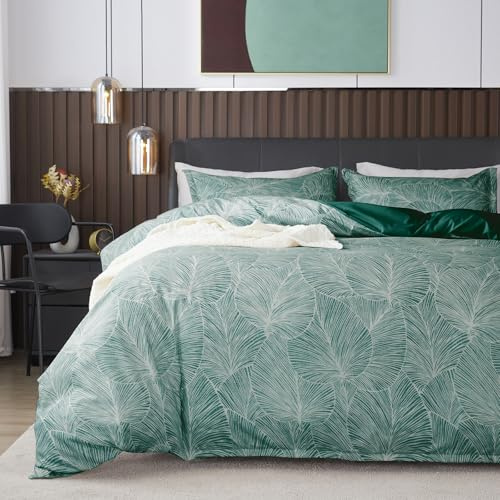 Vgzsyomqib Housse de Couette 200x200 Imprimée Feuilles Tropicales Verte, Parure de Lit 2 Personnes Adulte Fermeture Éclair, Feuille Linge Lit Microfibre Douce avec 2 Taies d'oreiller 65x65 cm