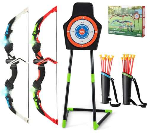 GYMAX Set di 2 Archi e Frecce per Bambini, Set di Giocattoli di Tiro con L'Arco a LED con 20 Frecce a Ventosa, 2 Faretre, Bersaglio Staccabile, Giocattolo Sportivo per Bambini dai 3 ai 12 Anni
