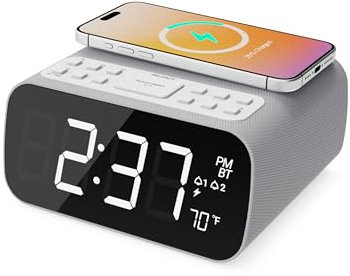 MAJORITY Bluetooth Bedside FM Radio Alarm Clock | Wireless Charging for Phones| 12W Stereo Sound with Dual Alarm, Built-in Thermometer, and 30 Presets | Large Dimmable Display Darwin digital clock