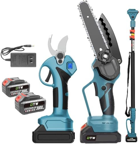 Forbici elettriche da potatura e motosega,tagliasiepi a batteria, potatore da giardino con asta di prolunga e 2 batterie da 3,0 Ah,kit di taglio for potatura rami, diametro di taglio 15 cm for cortile