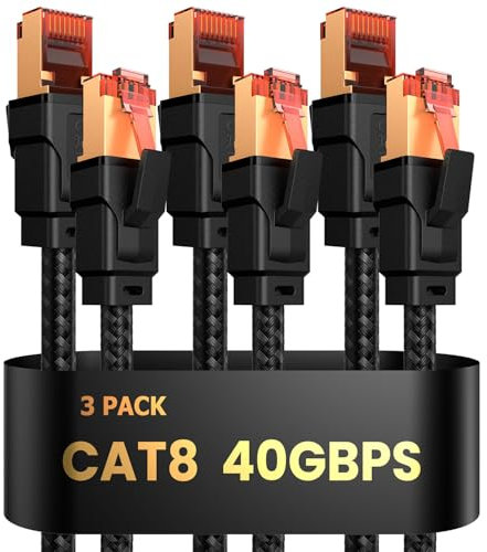 Nixsto Cavo Ethernet Cat 8, Cavo Lan 1M 2M 3M 5M 10M 15M 20M 30M, Cavo di Rete 40Gbps 2000Mhz Alta Velocità, RJ45 Gigabit Intrecciato Cavo Internet per Router, Modem, PS5, Gioco (3Pezzi 0,5 Metri)