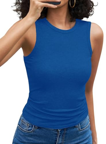 Aottori Camiseta sin Mangas Mujer Verano Camisetas Tirantes Sexy Básica Tank Top Cuello Redondo Ajustada Acanalada Chaleco Deportivo Casual Elegante Azul Real M
