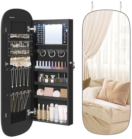 SONGMICS Mirror with Storage, LED Mirror Jewellery Cabinet Wall/Door Mounted, Lockable Rounded Wide Jewellery Organiser, 10 x 42 x 108 cm, Black Surface with Black Lining JJC026B01