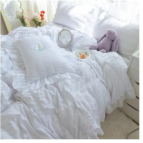 Ultra Soft Seersucker Fabric Ruffle White Bedding Set Double Queen King 4Pcs Quilt Duvet Cover Flat Bed Sheet 2 Pillowcases,Bed Sheets