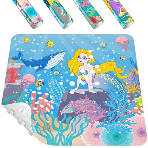 HITSLAM Cuadrado Alfombra Ducha Antideslizante Infantil, 53 x 53cm bebés Alfombrilla Bañera Antimoho, Alfombrilla Ducha con ventosas Resistentes y Orificios de Drenaje, Lavable a máquina, Sirena