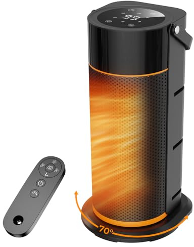 Calefactor y Bajo Consumo Negro - 2000W Cerámico PTC, 4 Niveles de Potencia y 70° Oscilación, Control Remoto, Protección contra Vuelcos y Sobrecalentamiento, Calentador para Dormitorios/Oficinas/Salón