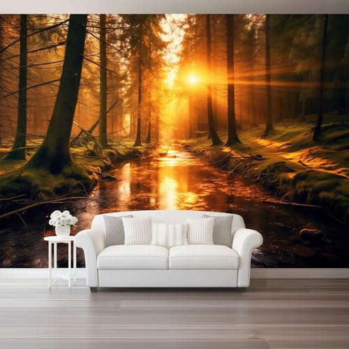 Generico Carta da Parati Panoramica 200 x 140 cm - Natura Bosco Ruscello Sole Carta da Parati per Soggiorno Camera da Letto Ufficio, Colore Arancione Moderna Fotomurali Murales Poster Gigante