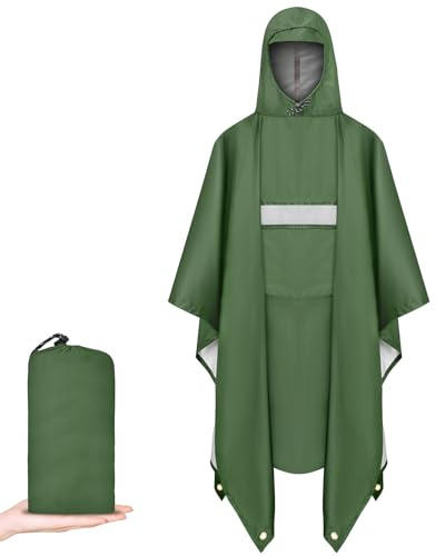 Vicloon Poncho de Lluvia Impermeable, Chubasquero con Capucha para Mujer Hombres, 3 en 1 Multifuncional Chubasquero Transpirable Ultrafino, Toldo Manta, Estera de Camping, Talla grande con Bolsa A