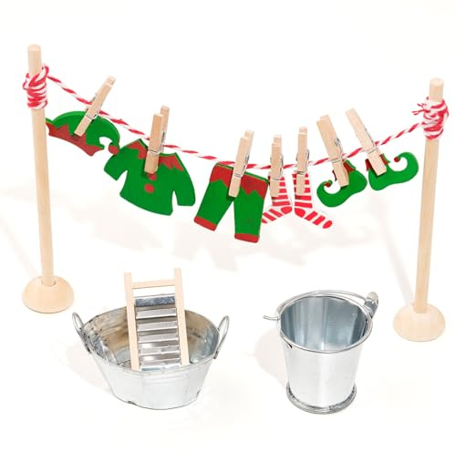 RTUOHUIN Wichtel Wäscheständer Set, 20 Stück Miniatur Wichtel Zubehör, Wichteltür Zubehör Weihnachten inkl. Holzbügel/Kleider, Eimer, Reibebretter, Kinderzimmer Dekoration für Weihnachten