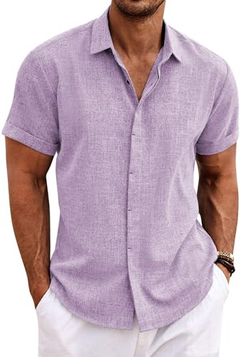 COOFANDY Camicia in Lino da Uomo Camicia a Maniche Corte abbottonata Camicie Casual vestibilità Regolare Camicia in Lino da Spiaggia Estiva