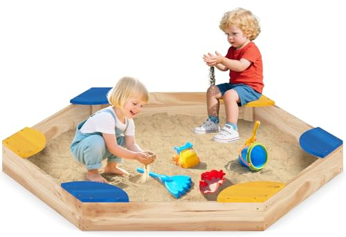 GOPLUS Arenero Infantil para Exterior de Madera de Abeto, Bandeja de Arena Hexagonal sin Fondo con 6 Asientos Integrados, Caja de Arena Montessori para Niños de 3+ Años