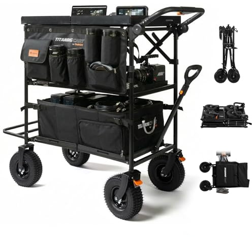 TARION Video Production Camera Cart - Foldable Photography Dolly with Inflatable Rubber Wheels and Wider Top Shelf - Heavy Duty Mobile Workstation with Storage Bins for Film Crew - Titanrig Cart Pro