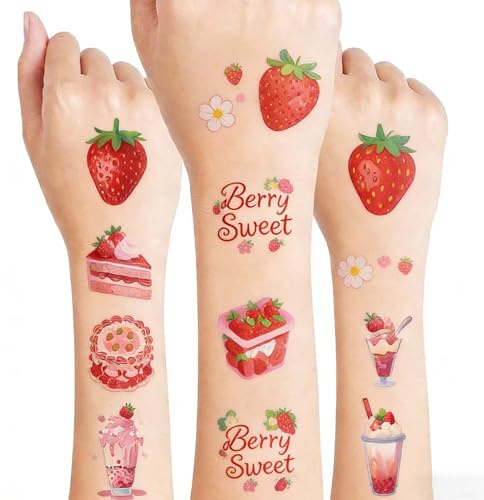 Qpout 10 Blätter Erdbeer-temporäre Tattoos für Kinder, wasserdichte gefälschte Tattoos Aufkleber für Jungen Mädchen Erdbeer-Geburtstagsdekorationen