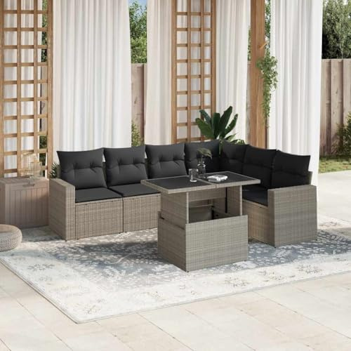 LoogCape 7-TLG. Garten-Sofagarnitur Hellgrau, modulares Poly Rattan Loungeset mit verstellbarem Esstisch, abnehmbaren Kissen für Terrasse, Balkon, Gartenmöbel