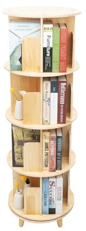 TuliperMood Drehbares Bücherregal 360 Grad, Holz Kiefer Kinderzimmer, Platzsparend Bücherturm Freistehend, 4 Etagen Aufbewahrungsregal, 50kg Tragkraft Standregal, Wohnzimmer Schlafzimmer Büro