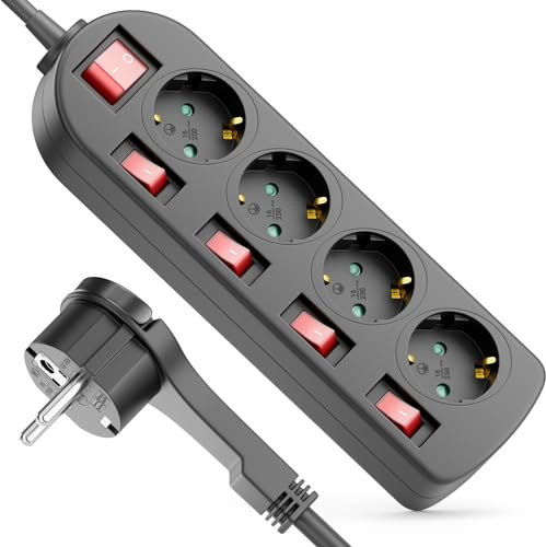 deleyCON Regleta 4 Tomas con Enchufe Plano - Interruptor ON/Off - Control Individual - 1,4m Cable - Base Múltiple Corriente Distribuidor Extensión Regleta Hogar Oficina 3680W - Negro