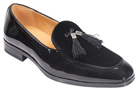 Men’s Shiny Patent Tassel Loafers Velvet Upper Faux Leather Wedding Dress Slip on Shoes