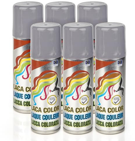 Pack 6 Laca de Pelo Color Plata 125ml - Spray Colores para Cabello Rápida coloración, Lavable