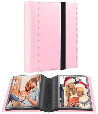 Aevdor 5x7 Photo Album Holds 64 Photos Black Inner Pages with Strong Elastic Band, Small Photo Album 5x7, Mini Picture Book for 5 x 7 Artwork, Pictures, Kids Art Storage, Postcards, Drawings (Pink)