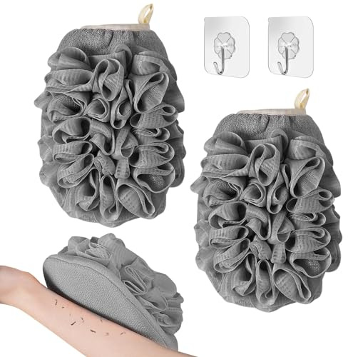 AYNKH Set de deux gants exfoliants avec crochets, gants de gommage corporel double face avec éponge de bain au melon de soie, nettoyant doux pour la peau dead skin Remover shower Puff