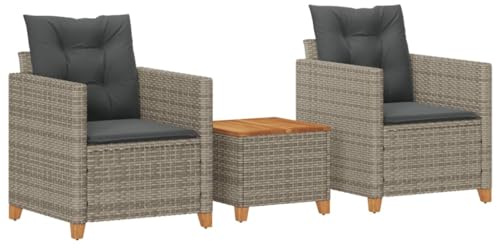 vidaXL Bistro Set 3-TLG., Balkonset mit Kissen, Sitzgruppe für Garten Terrasse Balkon, Gartenmöbel 2 Stühle 1 Tisch, Balkonmöbel Gartenset, Grau Poly Rattan Akazienholz