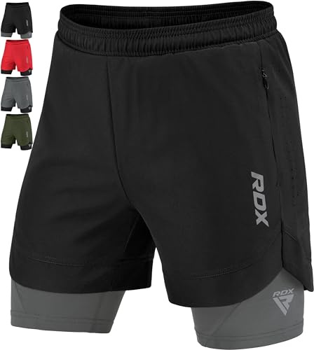 RDX Men’s Running Shorts, 2 in 1 Athletic Breathable Short Compression Liner, 2 Zipper and 2 Phone Pockets, Adult & Kids Lightweight Quick Drying Elastic Shorts for Sports Workout Jogging Cycling Gym