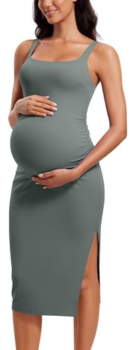 CRZ YOGA Butterluxe Maternity Square Neck Midi Dress - Split Ruched Tanks Womens Pregnancy Bodycon Casual Baby Shower Grey Sage Small