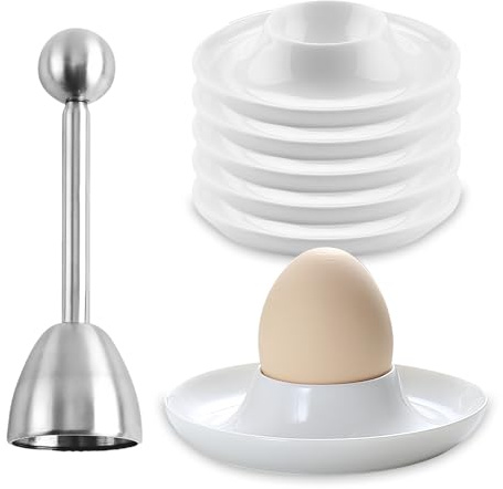 WIYETY 6 hueveras de porcelana: soporte para huevos de porcelana con abridor de huevos de acero inoxidable, apilable para desayuno, juego de desayuno, para cocina, comedor - blanco