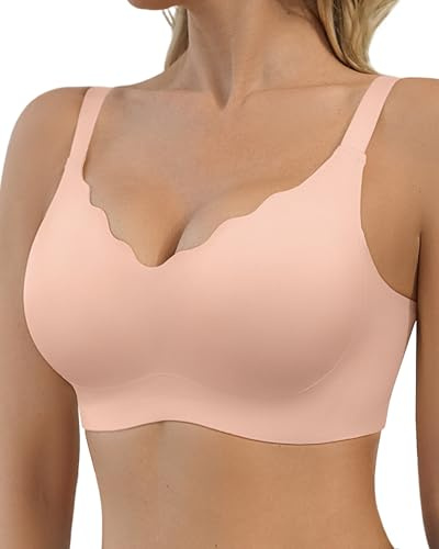 SHARICCA BH dam utan bygel – sömlös V-ringad vågiga kanter push up bh mjuk andningsaktiv sömlös bustier med bh förlängning, Rosa-1p03, L