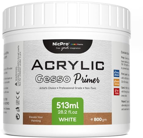Nicpro White Gesso Primer for Acrylic Painting(28.2 Oz / 513ML), Excellent Coverage, Gesso Surface Prep Medium for Acrylic Paint & Oil Paint, Heavy Gesso Primer for Canvas, Wood, Paper, Plastic