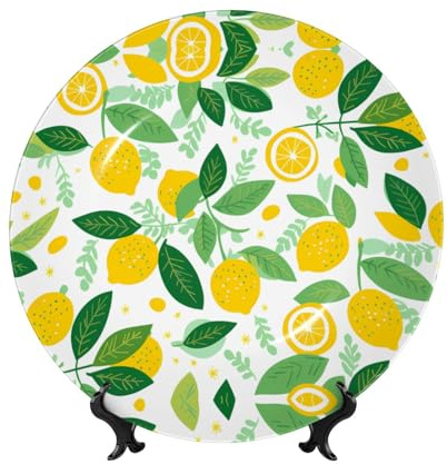 PHAYAH Plato decorativo de porcelana con soporte, patrón de limón amarillo para oficina, cocina, mesa, decoración para colgar en la pared, 6 pulgadas