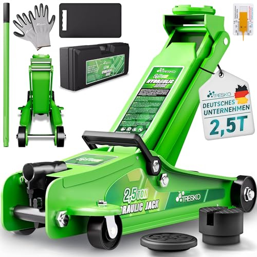 TRESKO® Wagenheber hydraulisch 2,5T Hubhöhe 85-385mm mit Koffer | Hydraulik KFZ Rangierwagenheber flach für tiefergelegte Autos - 360° Rollen inkl. 2X Gummiauflage, Kniematte, Handschuhe, Profilmesser
