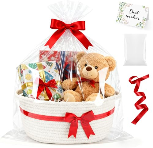 Geschenkkorb Leer, Präsentkorb Leer Set Mit Inklusive Grußkarte/Bändern | Geschenk Korb mit Geschenktüte Baumwollseil Für Weihnachten,Hochzeitsgeschenke,Lehrertag,Valentinstag (Weiß, 1)