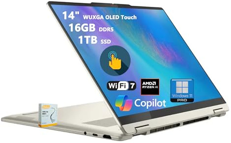 Lenovo Yoga 7 2-in-1 Copilot+ AI PC Laptop | 14 WUXGA OLED Touch (100% DCI-P3) | AMD Ryzen AI 7 350 (Up to 50 Tops) | 16GB DDR5 1TB SSD | for Creator Business Professional Win11pro w/DLCA Accessory